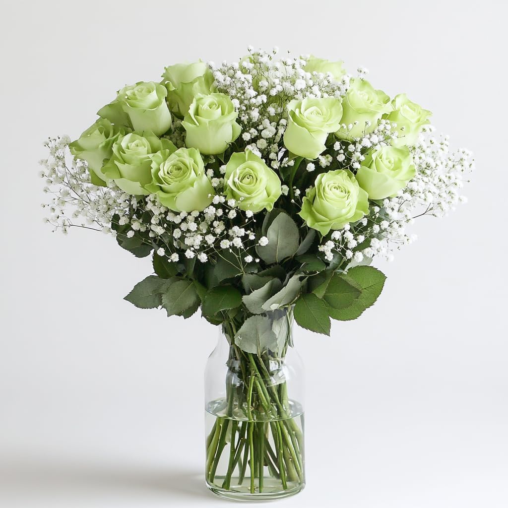 GlobalRose Fresh Dozen Green Roses & Fillers - Fresh Flowers Bouquet for Valentine's Day