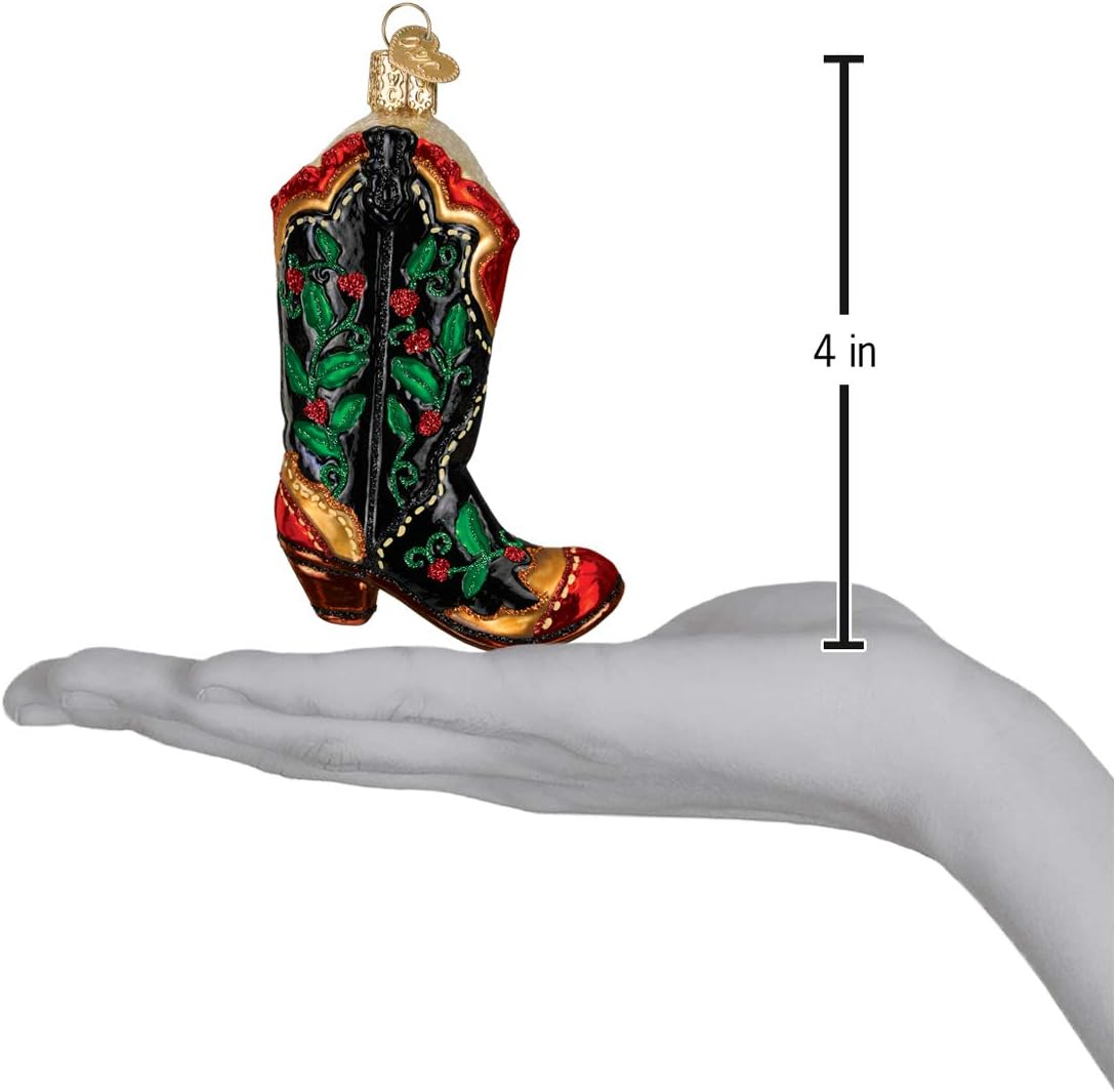Old World Christmas Holly Berry Cowboy Boot Glass Blown Ornament for Christmas Tree, Handcrafted Holiday Decoration, Western Collection - Image 3