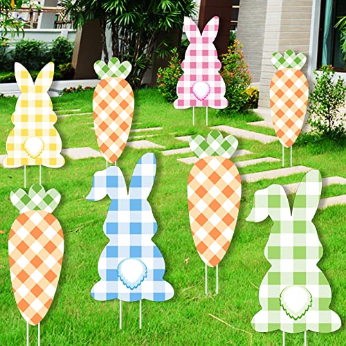 Kavoc 8 Pcs Easter Yard Signs With 16Pcs Stakes Easter Peeps Bunny Lawn Sign Colorful Buffalo Plaid Blue Yellow Rabbit And Carrots Easter Lawn Sign Decorations For Indoor Outdoor Easter Garden Party Supplies #TOP5