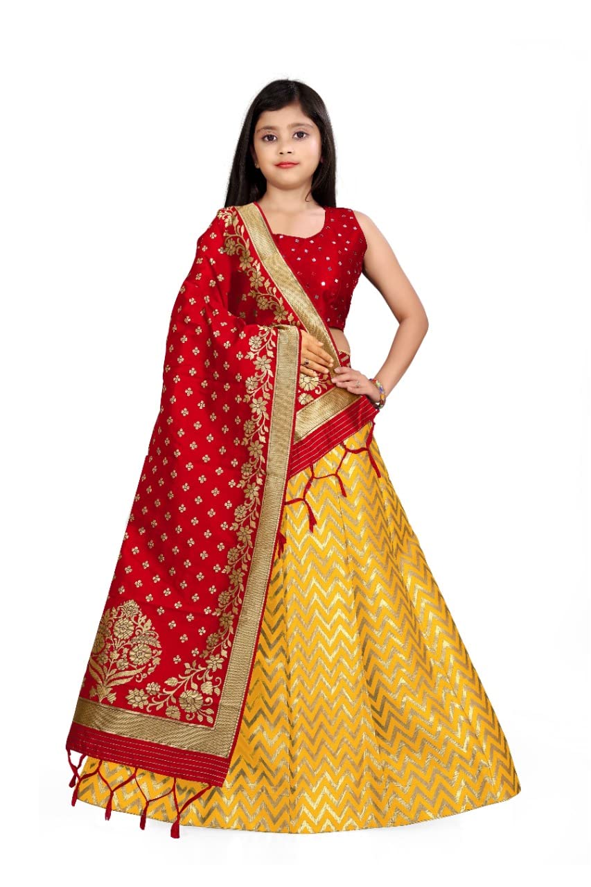Women's Banarasi Jacquard Silk Printed Sleeveless Western Semi-stitched Lehenga & Choli With Dupatta-image-41