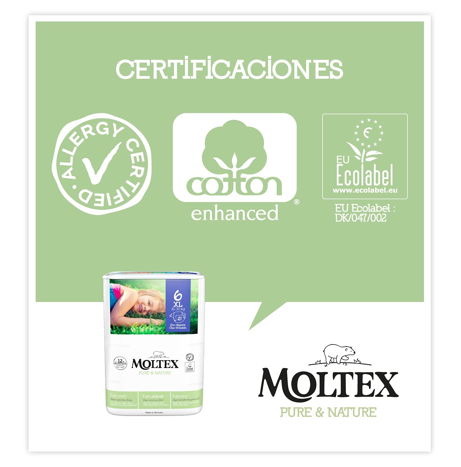 Moltex Pure & Nature Pieluchy ekologiczne, rozmiar 6 (17-28 kg), 140 pieluszek (4 worki po 35 sztuk), białe z nadrukowanym wzorem