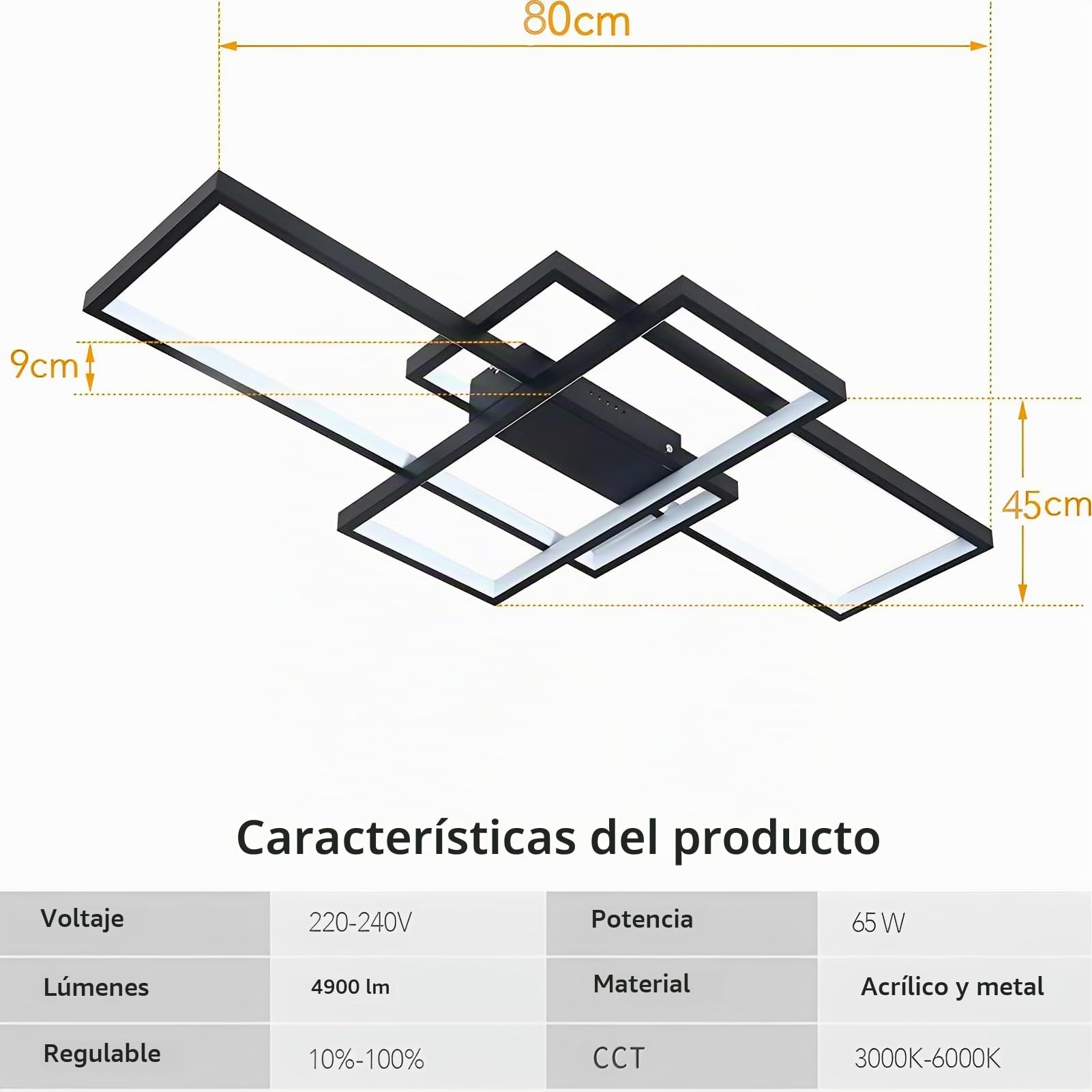 Moderna lámpara LED de Techo Para Salón, 65W Regulable Iluminación de Techo, Diseño Cuadrado Lámpara de Comedor con Mando a Distancia, Luz de Techo Interior Oficina Lámpara Colgante, Negro, 80cm