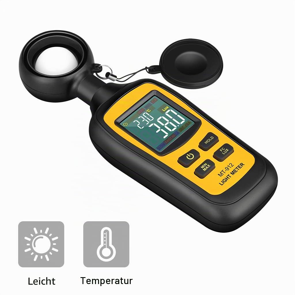 Digital Luxmeter Tragbare Photometer Belichtungsmesser Beleuchtungsstärke Lichtmesser mit Bereich bis zu 200.000 Lux und LCD Display (Gelb)