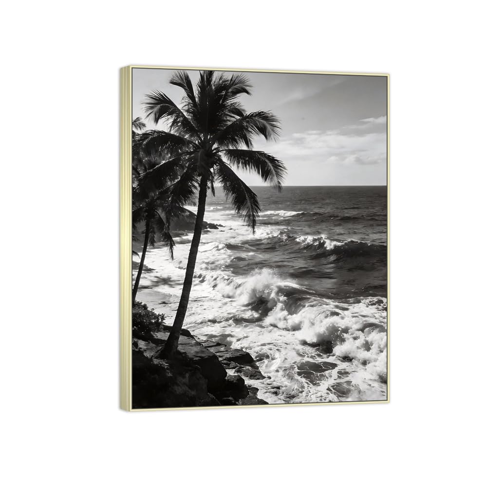 Sea Palm Tree 3 Black White Landscape Canvas Picture 90x117cm Silver Frame