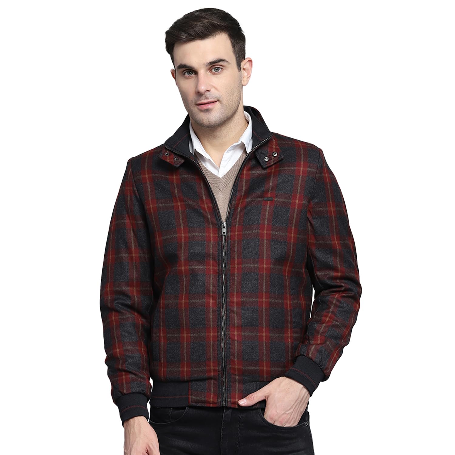 monte carlo Mens Check Maroon Mock Neck Full Sleeves Jacket-picture-42