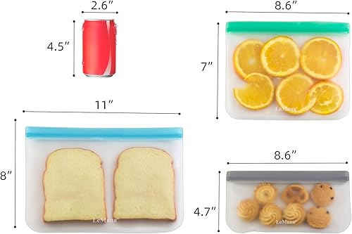 Miniatura 6 de Paquete de 12 bolsas reutilizables para almacenamiento de alimentos, sin BPA, bolsas de alimentos a prueba de fugas, incluye 4 galones, 4 sándwiches