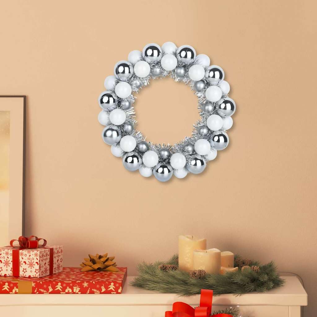2 coronas de bolas de Navidad blancas y plateadas, 33 x 33 x 7 cm, poliestireno, ligeras y duraderas, para interior y exterior, decoración festiva para salón, oficina, entradas, Adviento e