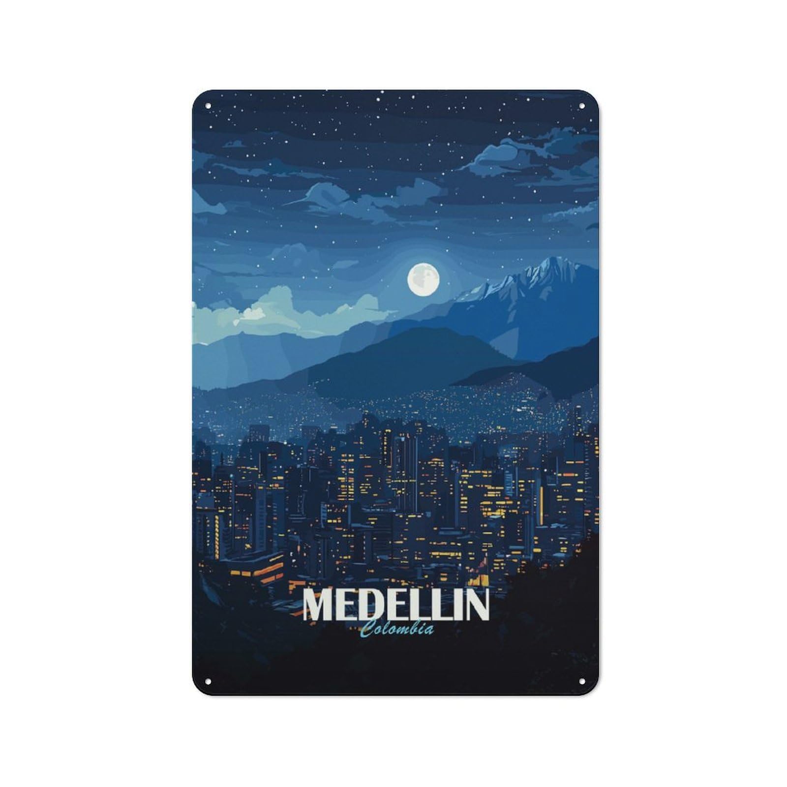 Junmoney Style-9 Classic Medellin Colombia Night Cityscape Metal Sign 30X20cm, Classic Pub Decor For Diner, Restaurant, Shed Or Kitchen
