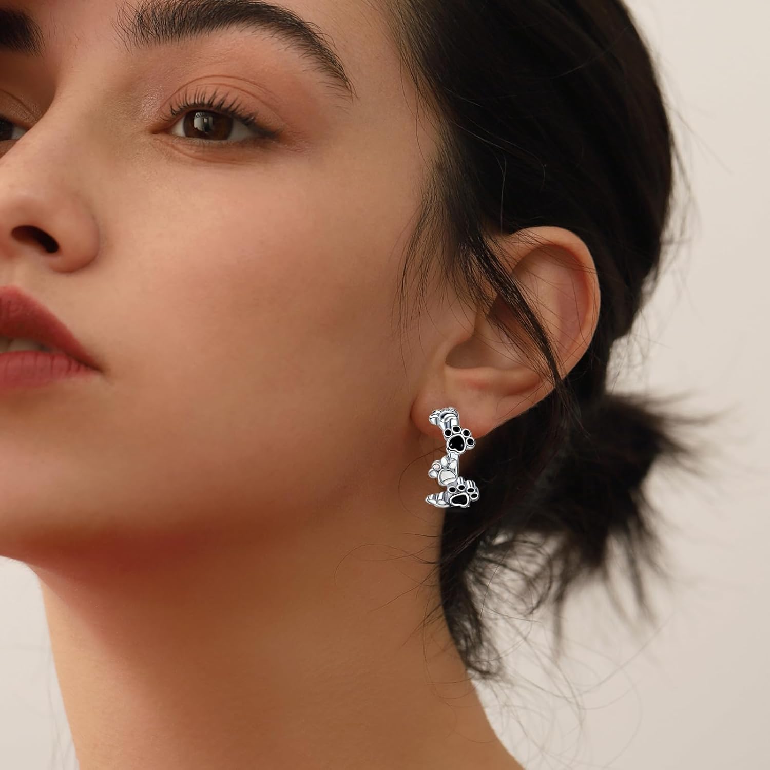 Black CZ Dog Earrings for Women Sterling Silver Big Paw Print Huggie Hoop Earrings Puppy Hoops Cat Pet Paw Hoops Earrings Cartilage Earrings Cute Animal Lovely Jewelry Gifts for Daughter Birthday - Image 5