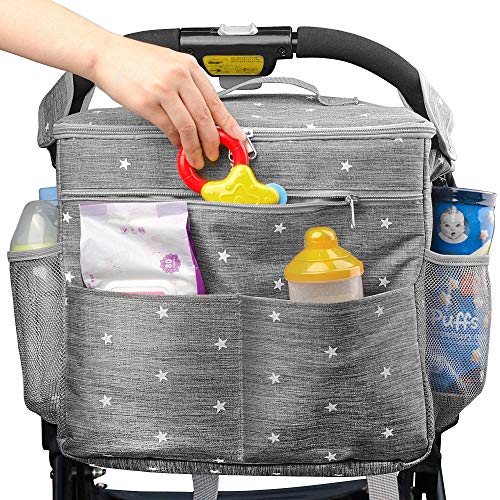 Stroller Organizer Bag with Extra Large Storage.Travel Bag with Shoulder Strap for Carrying Bottles,Diapers,Toys and Snacks.Insulated Cooling System,Cup Holder & Storage Pockets