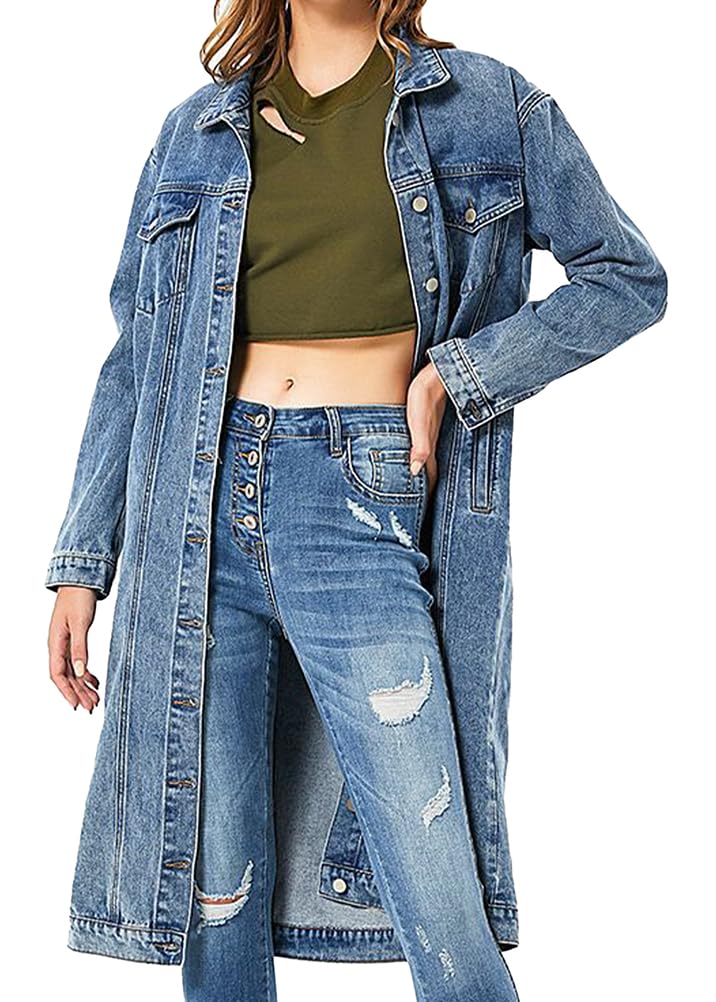 ORANDESIGNE Damen Denim Trenchcoat Jeansjacke ang Elegant Herbst Winter Jeansmantel Lang Knöpfe Revers Zerrissen Jeans Mantel Parka Jacke mit Tasten