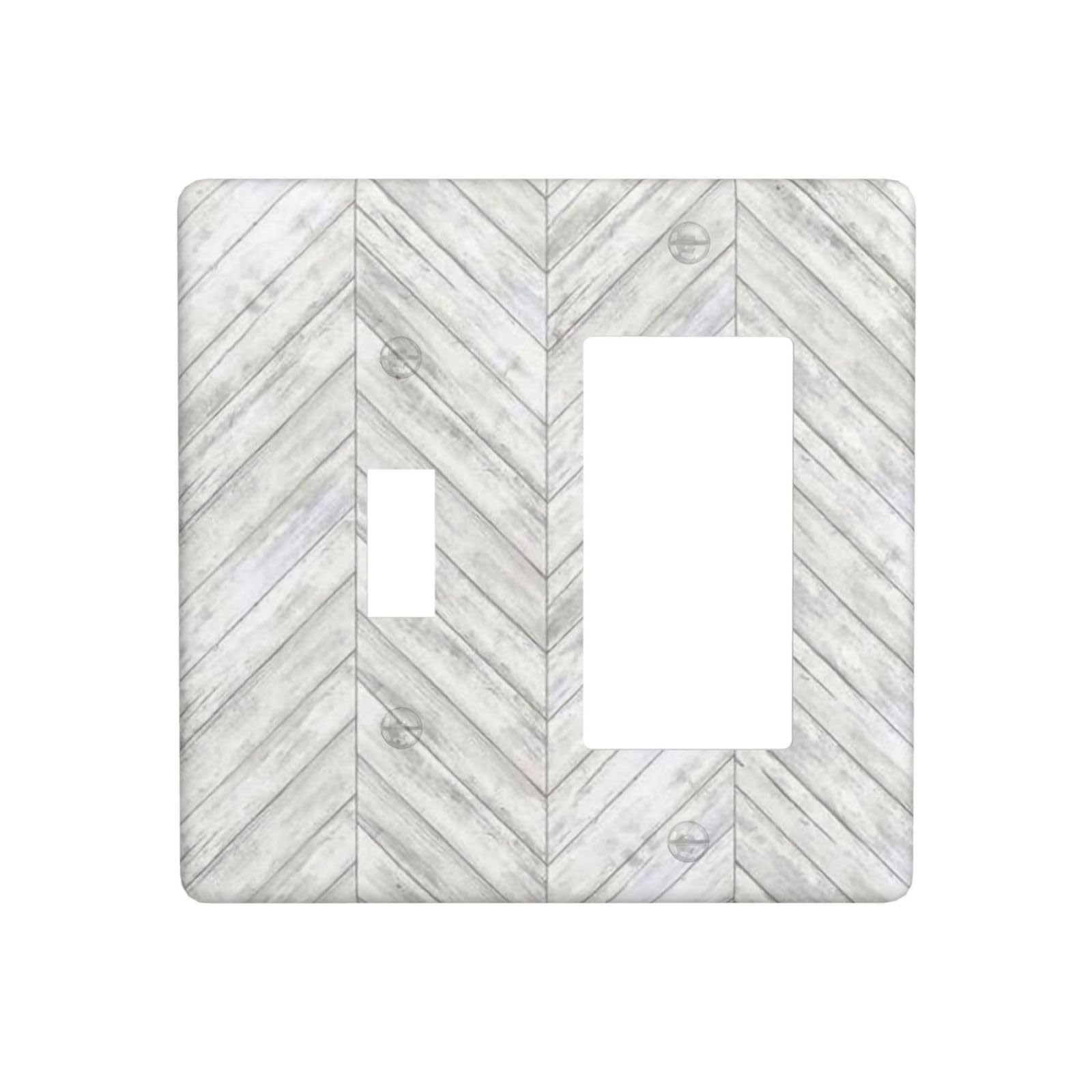 White/Grey Herringbone Wood Wooden 2 Gang Single Toggle/Rocker Combination Light Switch Cover Decorative Combo Switch Wall Plate Cover Electrical Faceplate Room Decor