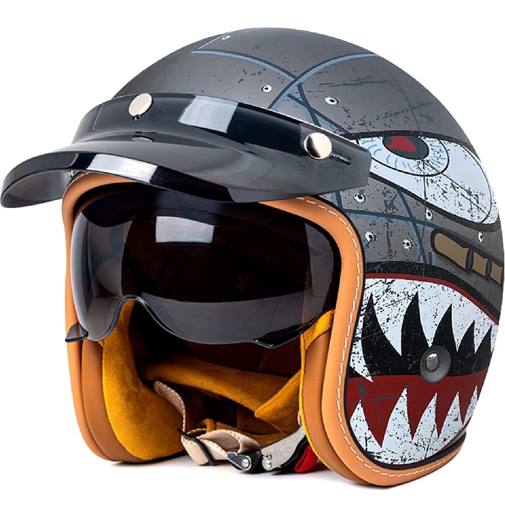WZGGTEAM Motorcycle Open Face Helmet, German Style Vintage Motorbike Jet Helmet with Sun Visor, Retro 3/4 Open Face Design, ECE/DOT Approved Crash Jet Helmet for Men Women Road Legal