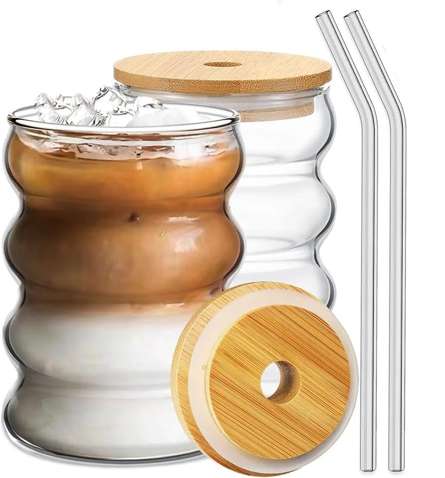 Image of SYANKA Premium Bubble Glass Sipper Can Set of 2, 510 ML, Transparent, Mason Jar Cup with Lid and Straw, Drinking Glasses for Smoothies, Iced Coffee, Boba Tea, Cocktails, Beer, Juice & Milkshakes
