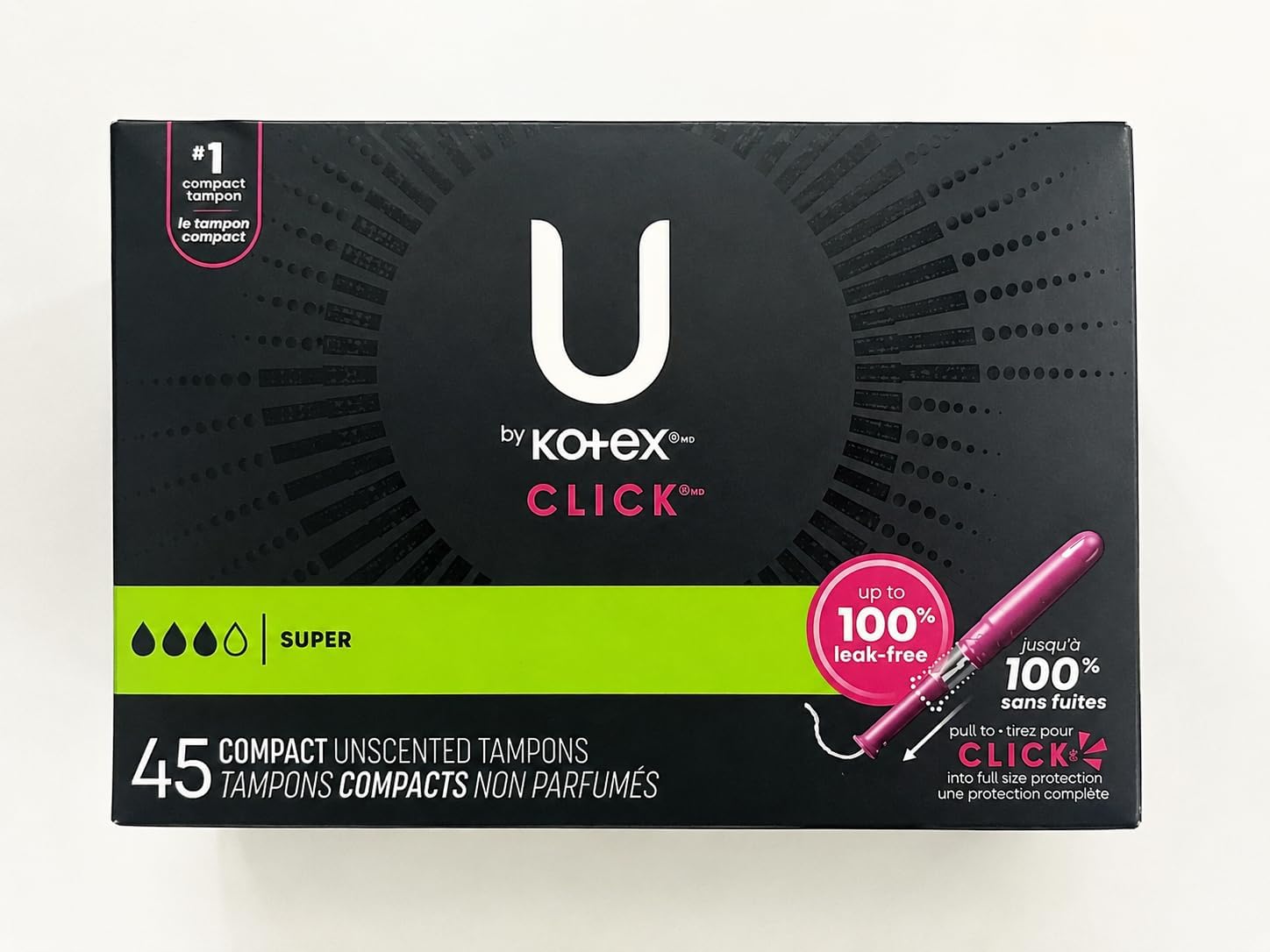 U by Kotex Click Compact Tampons, Super, Unscented, 45 Count