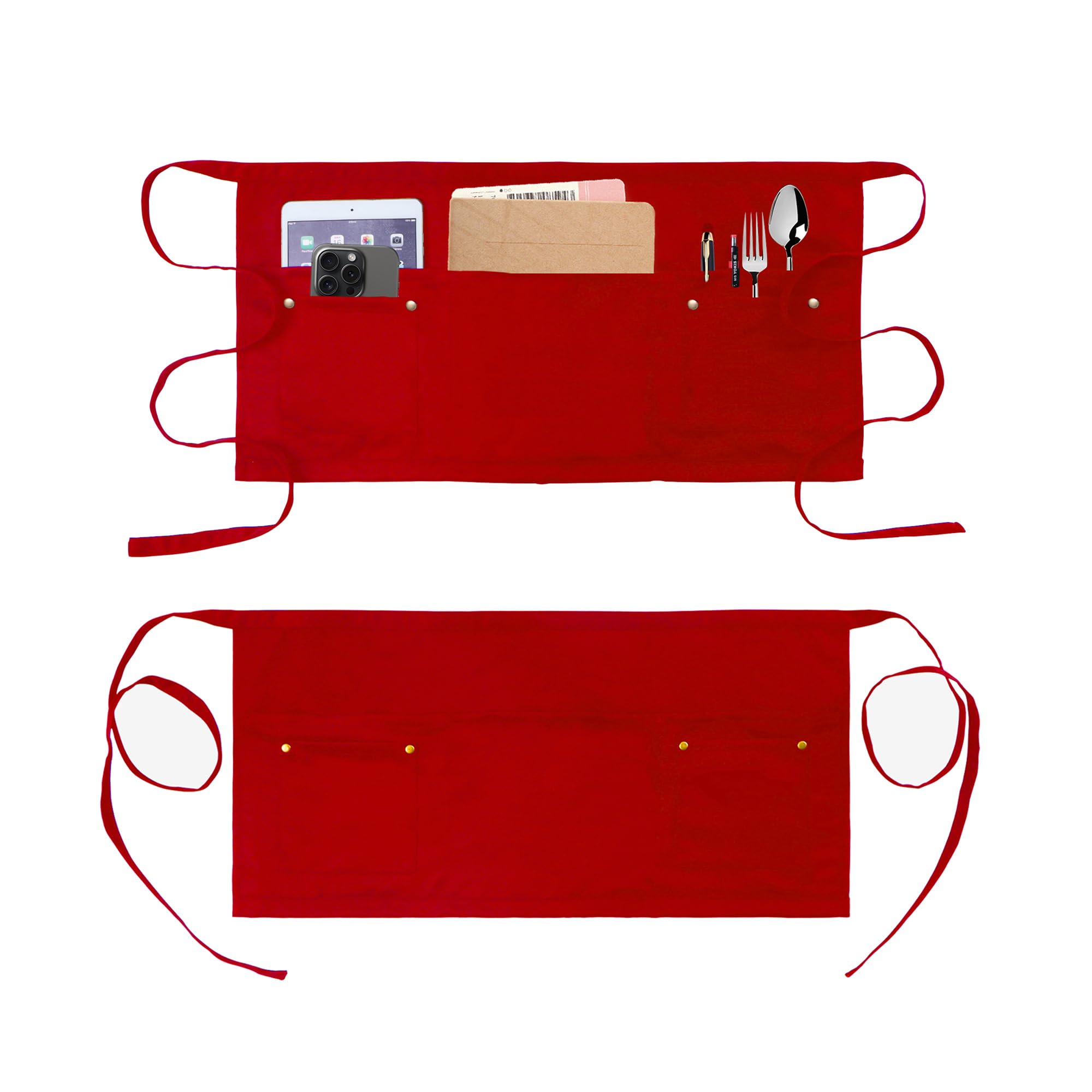 Miki Well Women's Red-2 Pack Waitress Apron With 5 Pockets - Waist Apron Short Half Work Aprons For Waitress Waiter Men Chef (Red-2 Pack)