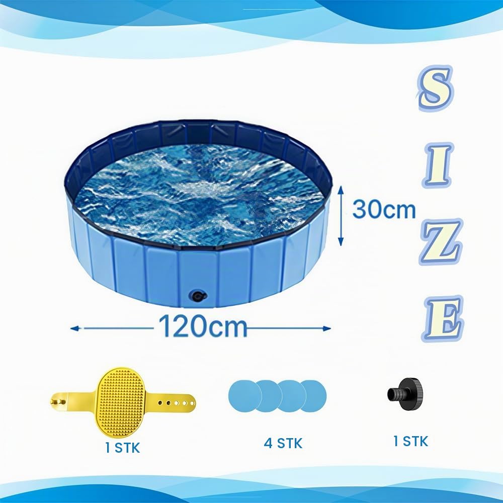 Hundepool 120x30 Faltbar, Hundeplanschbecken, Keine Pumpe benötigt, aus kratzfestem PVC-Material, Anti-Rutsch-Belag & schnelle Entleerung, Hundebadewanne mit Badebürste Ablassventil PVC-Aufnäher x 4