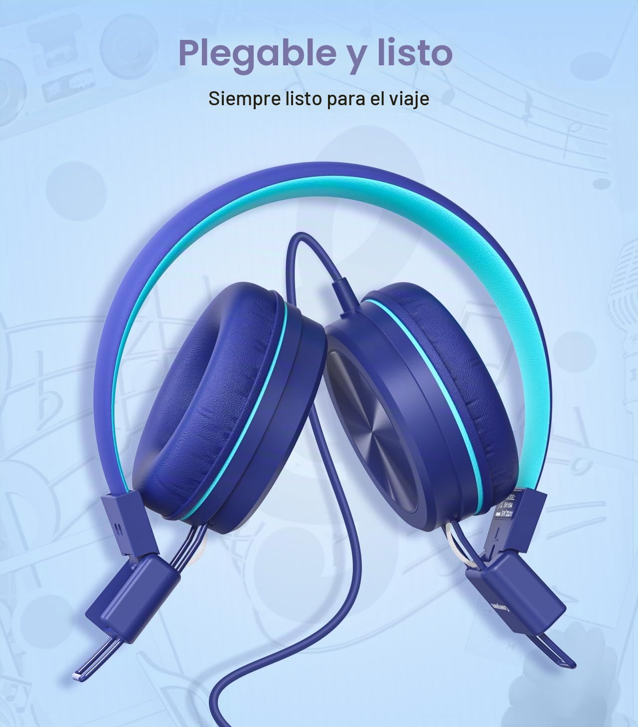 Cowyawn Auriculares para niños con limitador de Volumen Seguro de 94 dB, Auriculares Escolares con Cable para niños con diseño Ajustable y Flexible para niños y niñas, Azul
