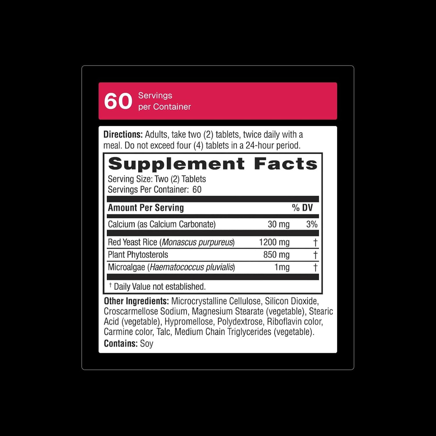Weider Red Yeast Rice Plus 1200mg supplement facts panel