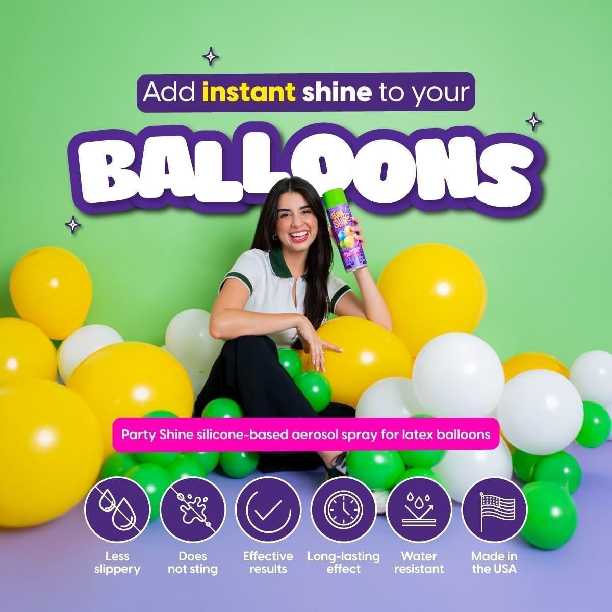 Party Shine Balloon Shine Spray, Silicone Spray for Latex Balloons, Balloon Spray Shine, Waterproof, Fragrance-free and Less Slippery Formula, Perfect for Balloon Décor, Parties, Events, 8oz (2 Pack)