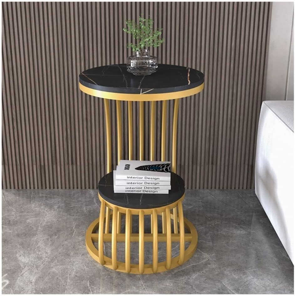 Farmhouse Accent Coffee Table Simple Modern Bedside Cabinet Small Round Table Mdf Top Metal Table Living Room Sofa Golden/Black