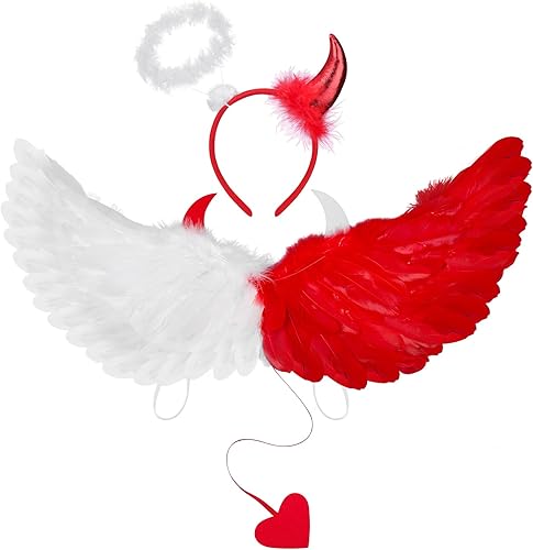 Liliful Disfraz dual de alas de ángel diablo con diadema para niños y adultos, disfraces de Halloween con correas elásticas