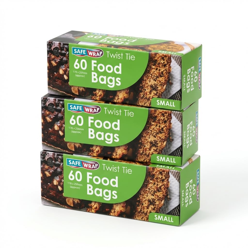 SafeWrap Small Food Storage Bags - 60 Freezer Safe Twist Tie Bags for Lunch, Meal Prep & Kitchen Organization - BPA Free Sealable Sandwich Bags with Twist Ties, Set of 3 Rolls