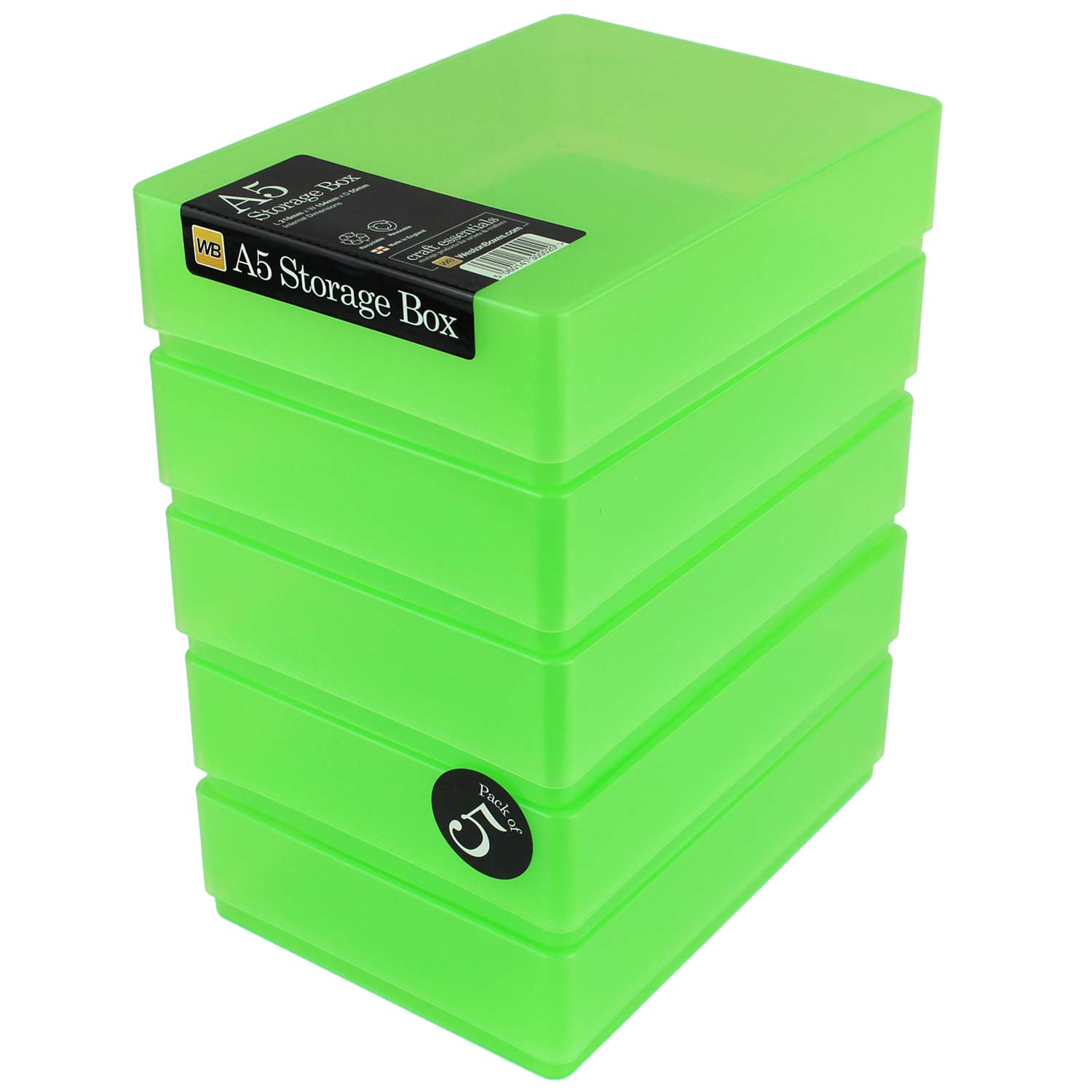 Westonboxes Green A5 Plastic Craft Storage Boxes With Lids For Art Supplies, Paper And Card - 1.8 Litre Volume (, Pack Of 5)