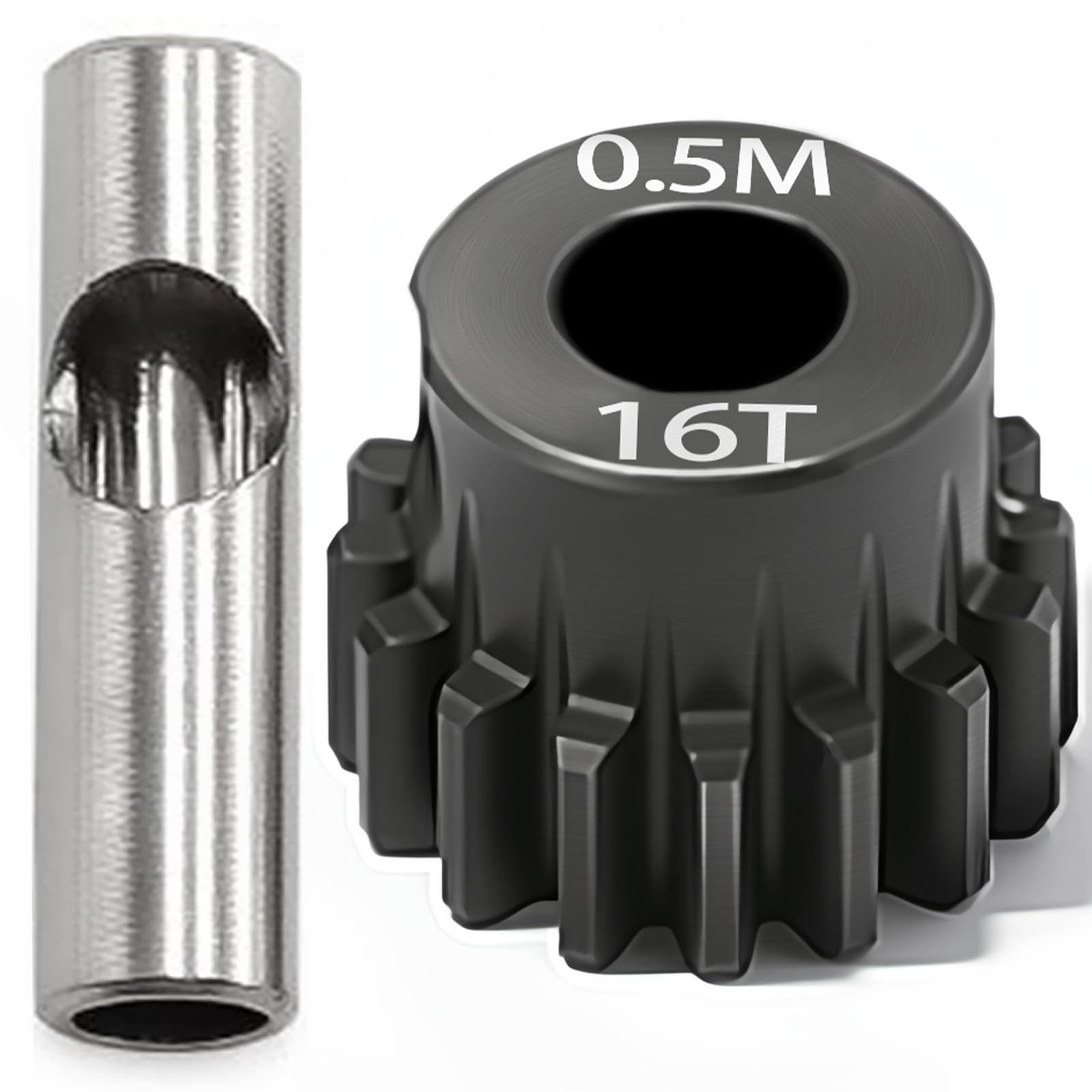 0.5M Pinion Gear 16T Hardened Steel 3.175mm Bore with 2.3mm Adapter, Precision Motor Gear for ARRMA 1/14 Typhon 1/16 Mojave 1/18 Granite, Losi 1/12, 0.5Mod Gear 13T-27T for HOBBYWING Motors