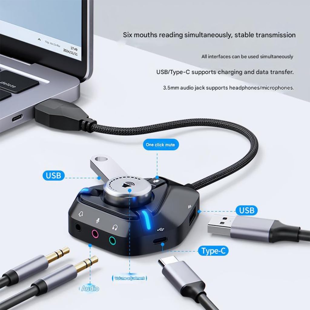 External Sound Card USB Adapter with 3x3.5mm 2xUSB 1xType C Port External