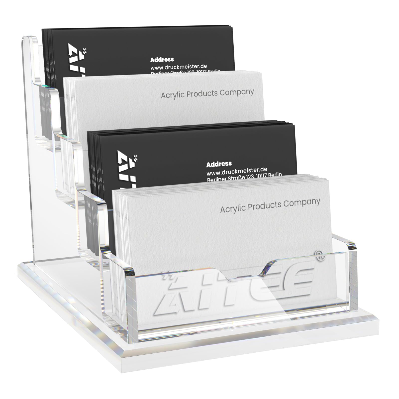 AITEE Business Card Holder for Desk: Clear Acrylic 4 Slot 4 Tier Card Display Stand Holder for Office and Exhibition Countertop Fits 100-120 Business Cards