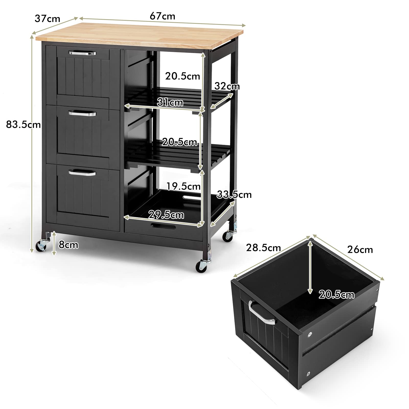 KOMFOTTEU Küchenwagen, vierstöckiger Küchenschrank mit Arbeitsplatte, 3 Schubladen und Lagerregal, Servierwagen für Küche und Esszimmer 67x 37x 84 cm (Schwarz)