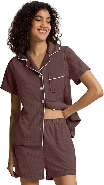 SIORO Button Down Pajamas Set for Women Short Sleeve Sleepwear Lightweight Waffle Knit Loungewear Shorts Set Nightwear