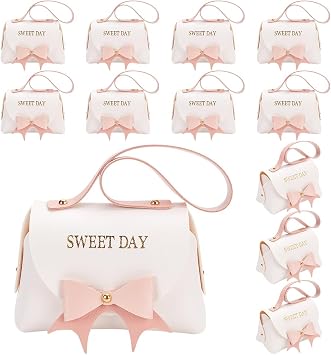 FINGERINSPIRE 12 Pack PU Leather Bowknot Gift Boxes with Handle 5.1x2.7x3.15 inch White Small Handbag Candy Gift Box Reusable Gift Box for Baby Shower Wedding Birthday Party Anniversary Valentines
