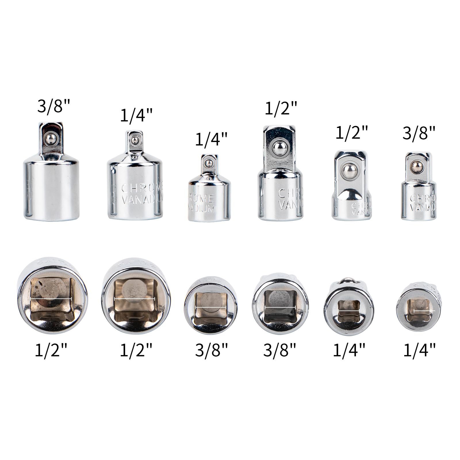 Socket Adapter Set, Impact Adapter, 1/2, 1/4 to 3/8 Adapter, 3/8, 1/4 to 1/2 Adapter, Silvery 6, Variety pack - Image 2