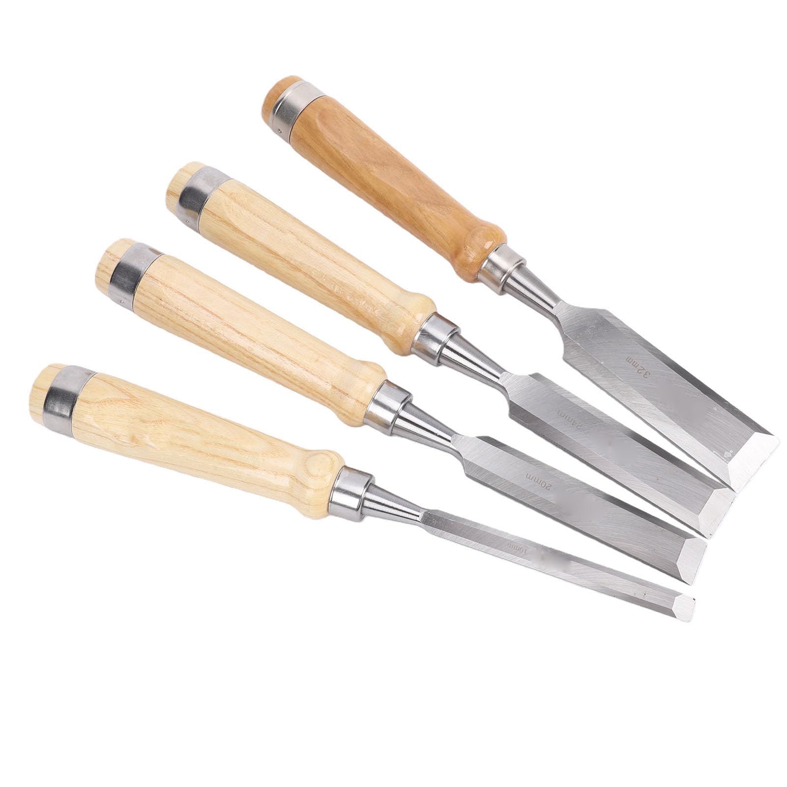 Jeffergarden Jeu de Ciseaux à Bois 4 Pièces avec Lames de 10 20 24 32mm, | Manche en Frêne, Acier allié 60crv, Biseau à 25 Degrés, Protège-lames, Sculpture sur Bois Dur Résineux