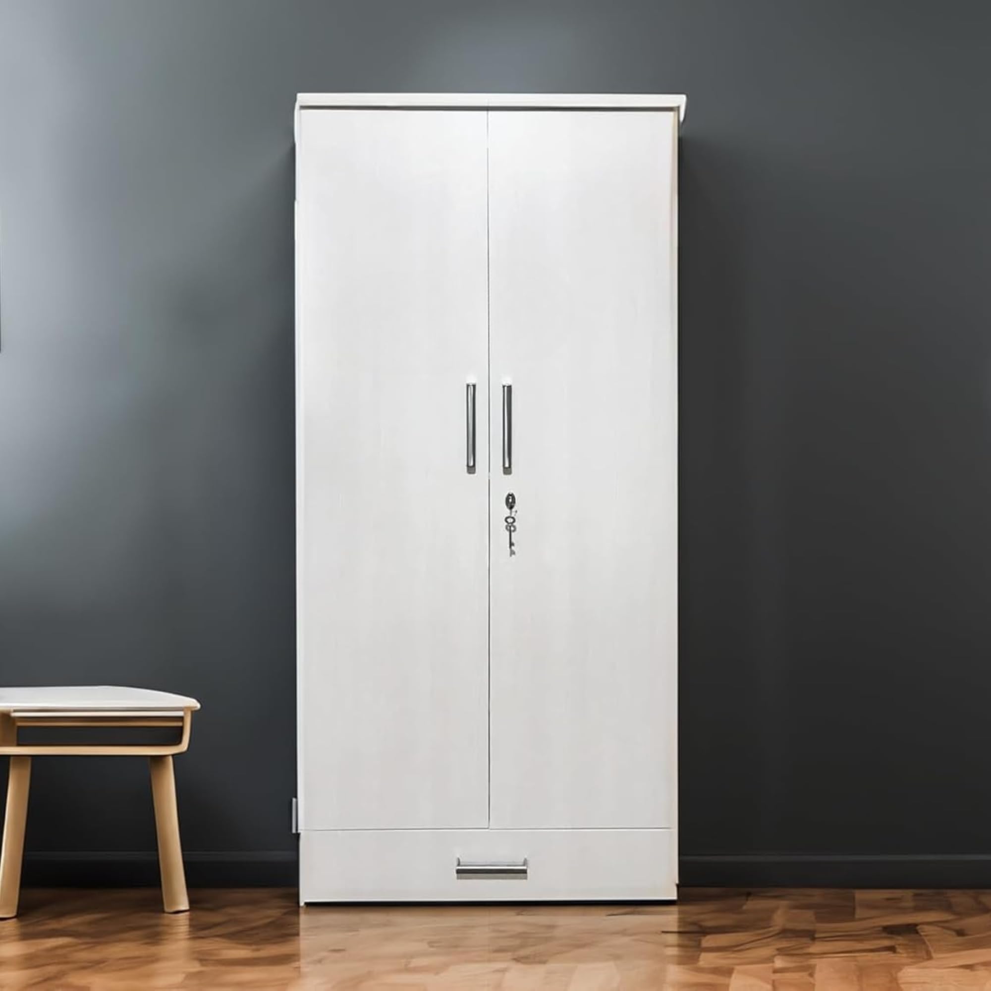 CASPIAN Engineered Wood 2 Door Wardrobe (White) | Pre-Assembled Furniture | Cupboard/Almirah for Bedroom, Office & Kid’s Room | Home Clothes Storage Organizer with Locker