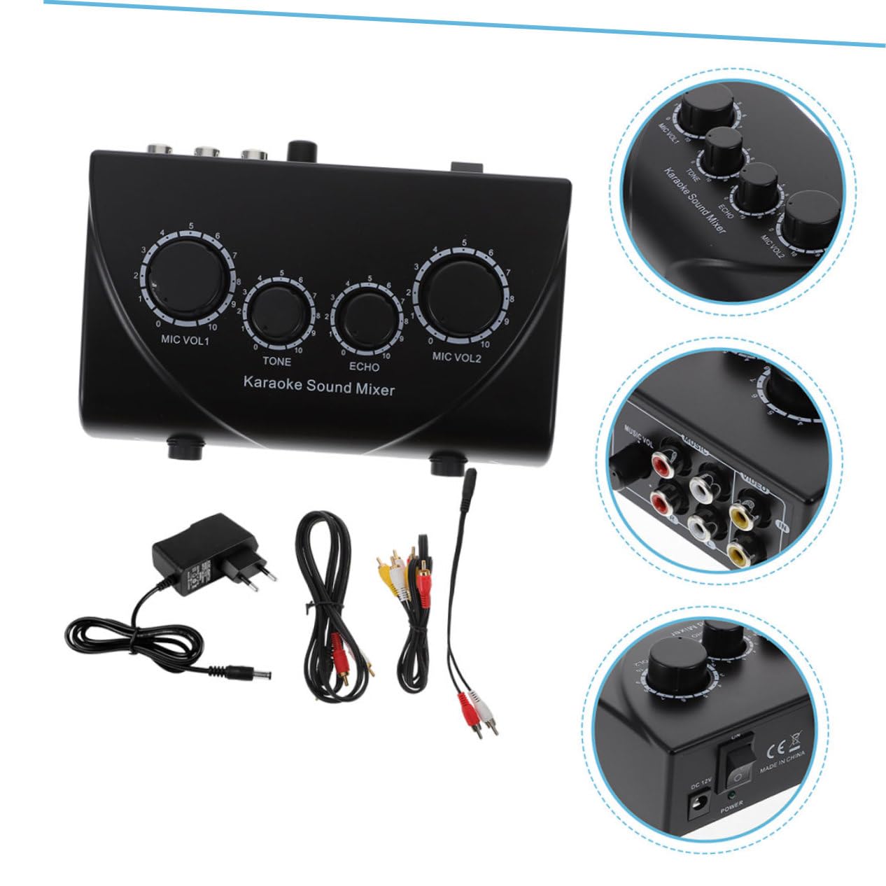 Mezclador de Audio Profesional y Cable Incluido para Karaoke Volumen Ajustable con Doble Entrada de Micrófono Negro para Uso en Escenarios y Salas Ktv