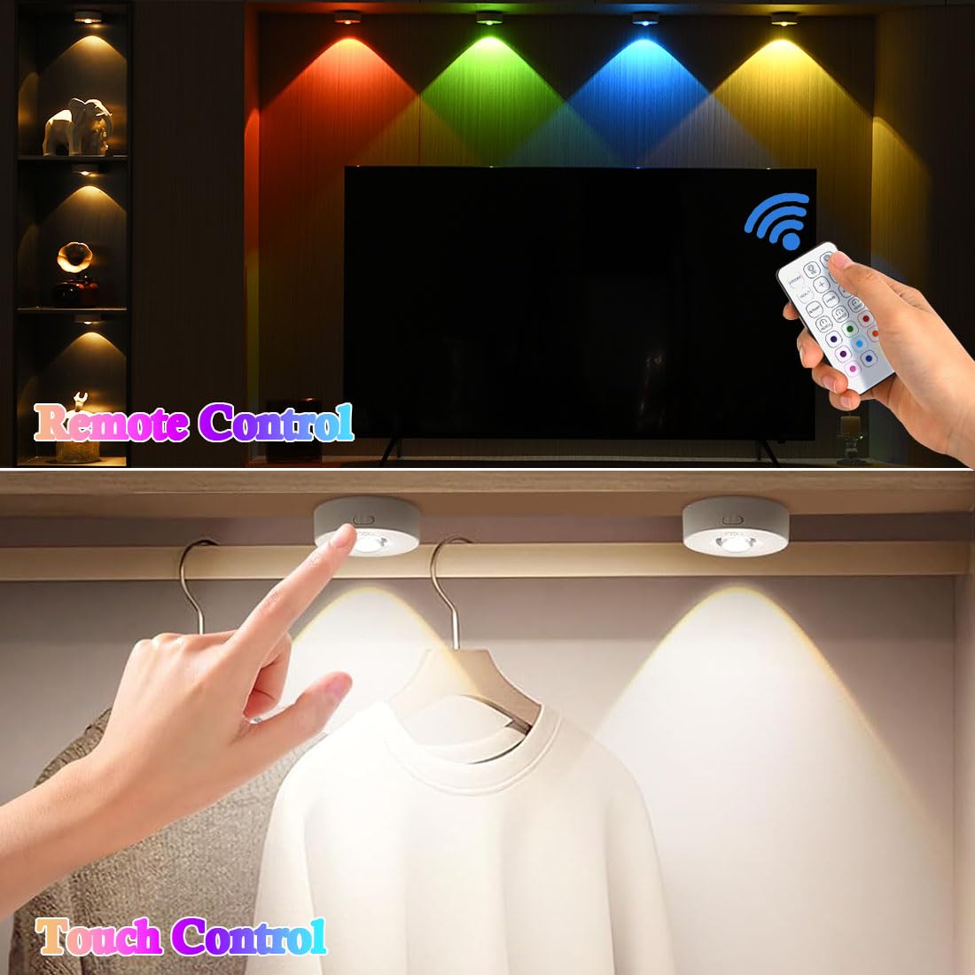 JKCUYOO 3pcs Rechargeable Puck Lights with Remote,3 Color Temperatures & 9 RGB Under Cabinet Lighting,Under Cabinet Puck Lights with Timer,Dimmable Magnetic Under Counter Lamp for Kitchen - Image 2
