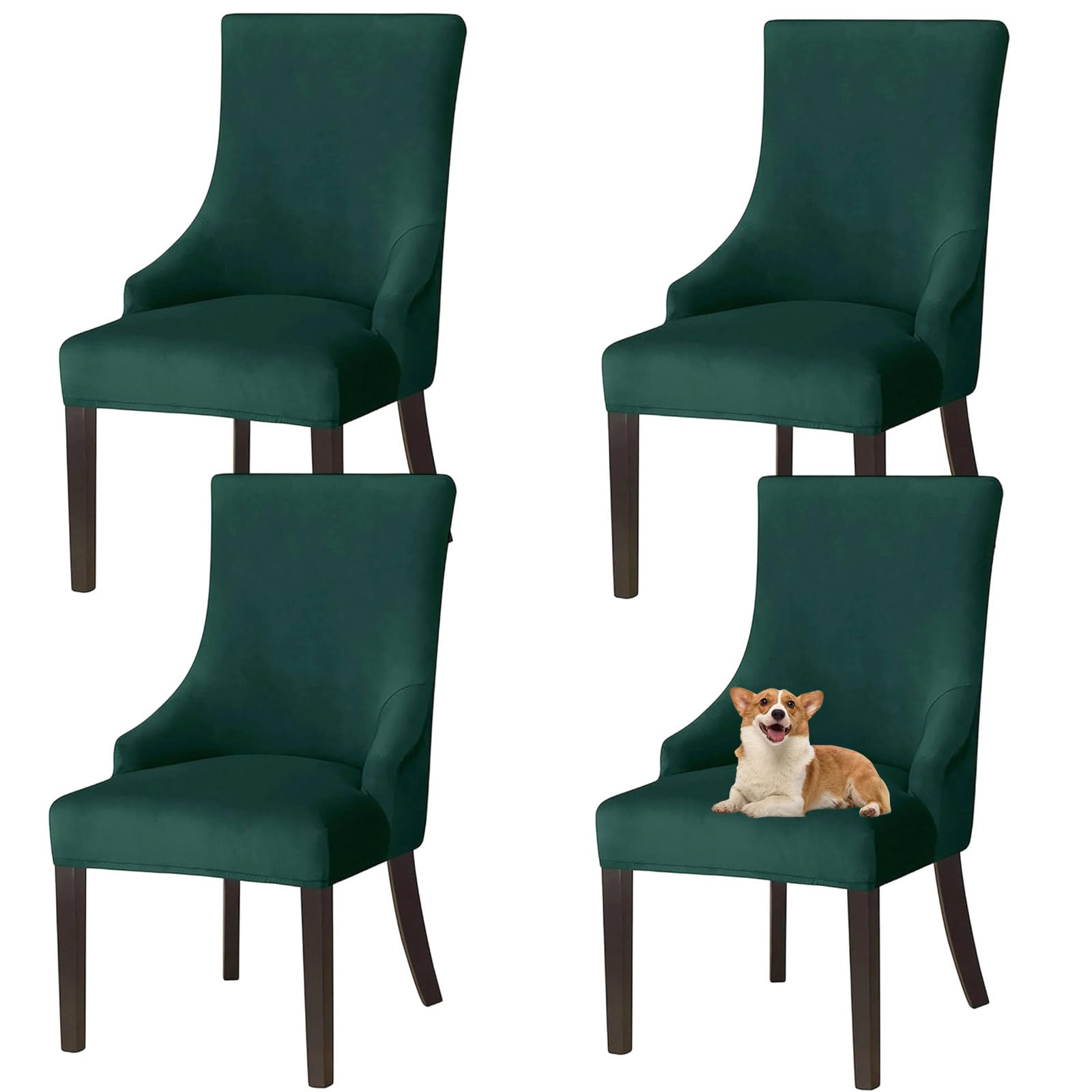 GUYIRT Velvet Wingback Dining Chair Covers Wingback Side Chair Cover Slipcover Sloping Armchair Cover with Elastic Bottom for Kitchen Banquet (green,set of 4)