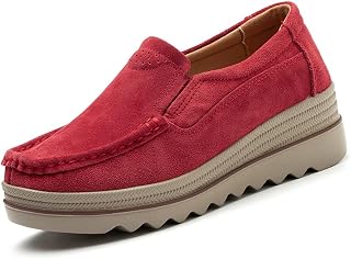 YING LAN Women's Suede Platform Wedge Slip On Loafers Shoes Red | Breathable lining, Memory foam insole, Lightweight outsole, Arch support, Moccasins toe, Office casual everyday wear