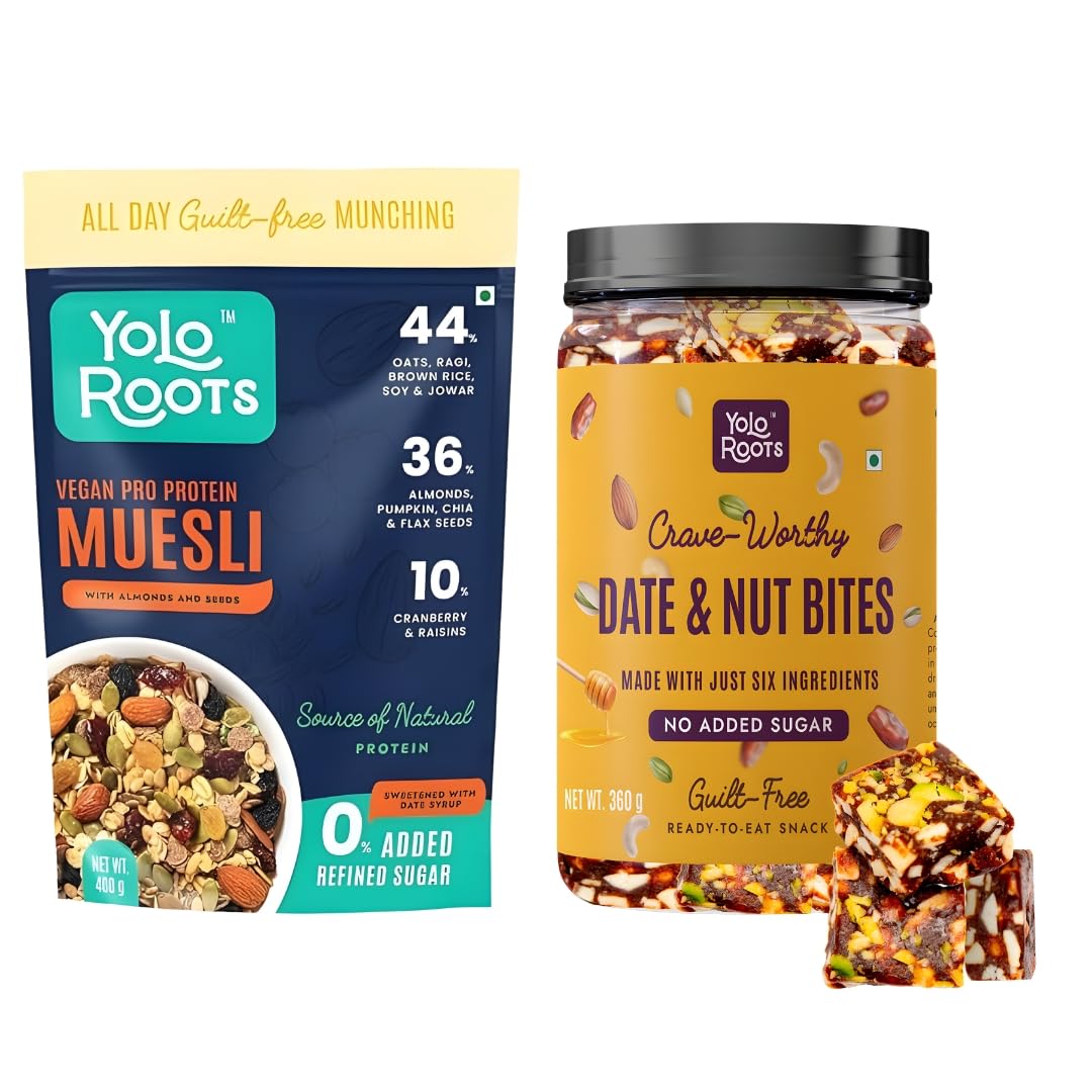 Yolo Roots Vegan Pro Protein Muesli 400g + Date & Nut Bites Barfi 360g Combo | 16g Protein Multigrain Fruit Nut Muesli, Gluten Free Breakfast & Natural Sweet Snack (Pack of 2)