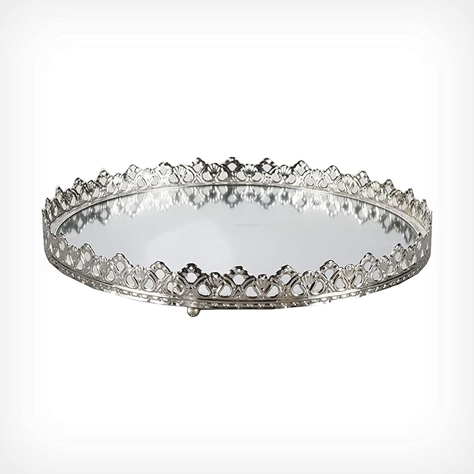 Dekorative Tabletts, Spiegeltablett, Tablett, Dekotablett Make up Organizer, Kerzentablett, Schmuckspiegel, Kosmetikspiegel – Metall/Spiegel – Geschenkidee (Ø26 cm Eva Silber)