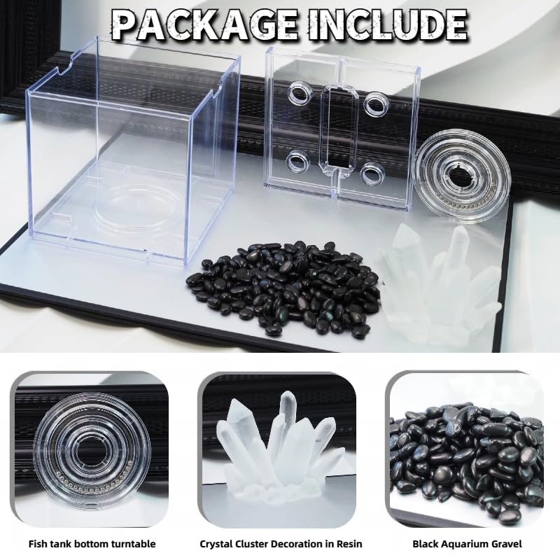 Image of Mini Betta Fish Tank, Stackable Small Fish Bowl for Desktop Decoration, 0.2 Gallon 360 Rotatable Tiny Aquarium Kit with Gravels & Resin Crystal Cluster for Sea Monkey, Shrimp