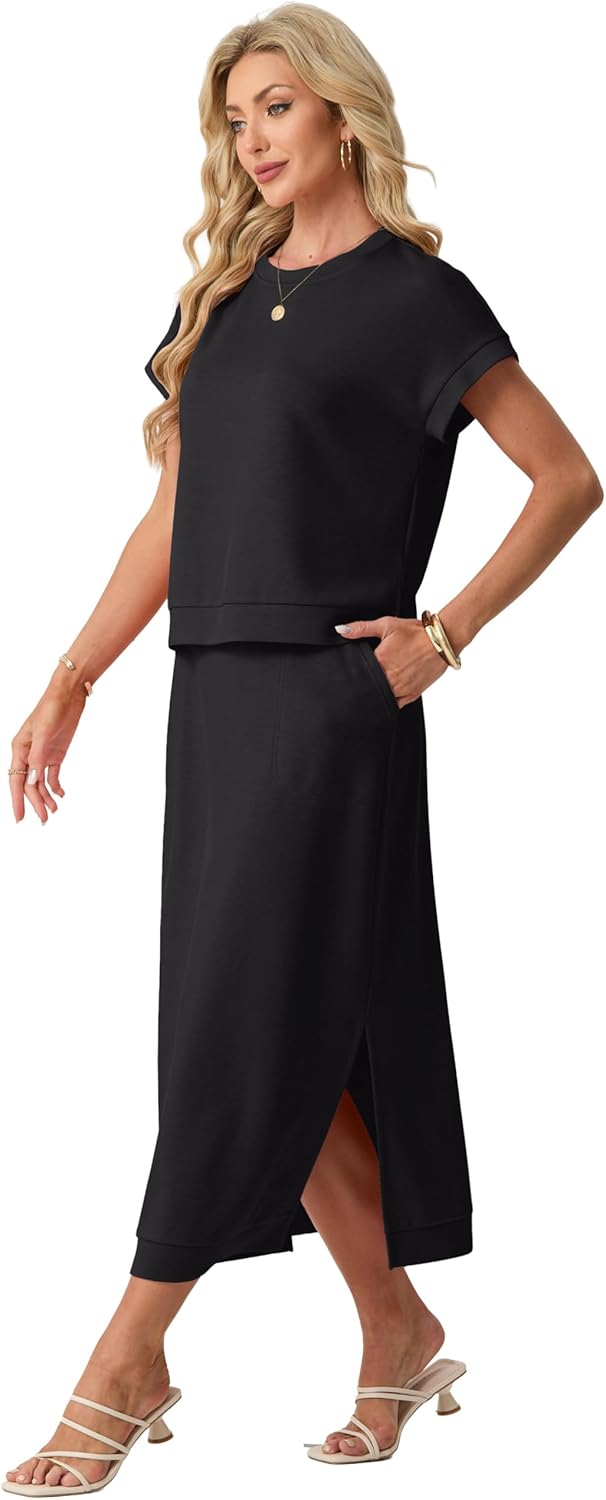 GRECERELLE Women Summer Casual Wrinkle-Free 2 Piece Sets Round Neck Top & Elastic Waist Maxi Side Slit Skirt with Pockets - Image 2