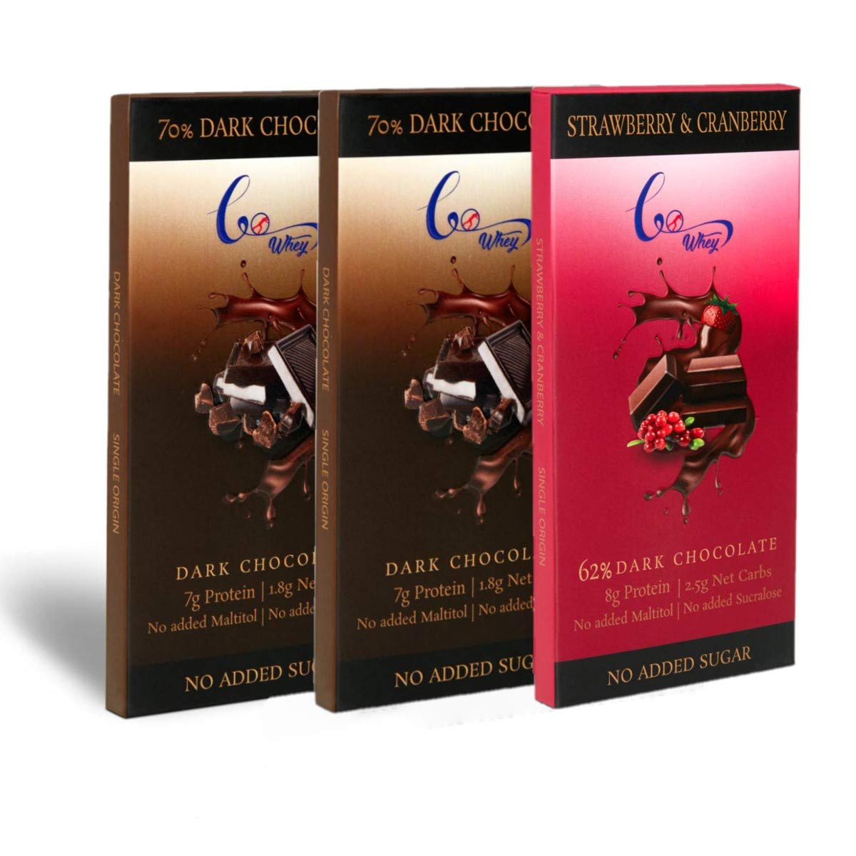 GoWhey - Zero Sugar - Keto Friendly - High Protein - Bitter Sweet Dark Chocolate Bars (2-70% Dark Chocolate Bars 42g, 1-62% Strawberry & Cranberry Bar 50g)
