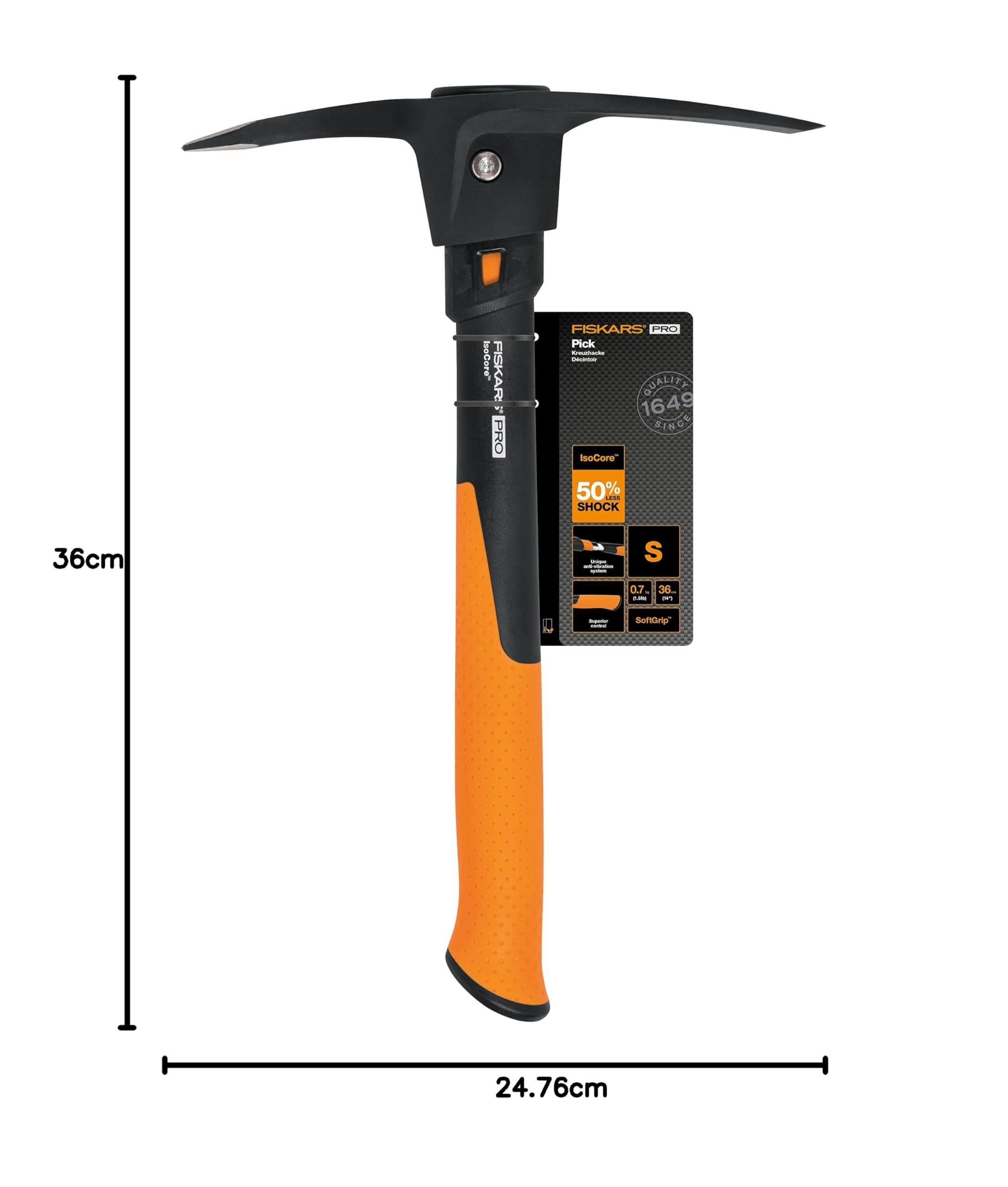 Fiskars Piccone Pro IsoCore S per Lavori Pesanti su Terreni Duri e Sassosi, Lunghezza: 36 cm, Peso: 1,2 kg, Nero/Arancione, 1062937
