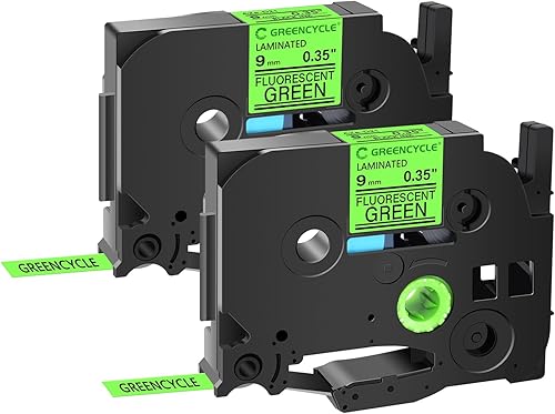 GREENCYCLE Paquete de 2 cintas adhesivas compatibles con Ptouch TZe-D21 TZ-D21 Negro sobre verde fluorescente TZe TZ 0.354 in 0.35 pulgadas Cinta de
