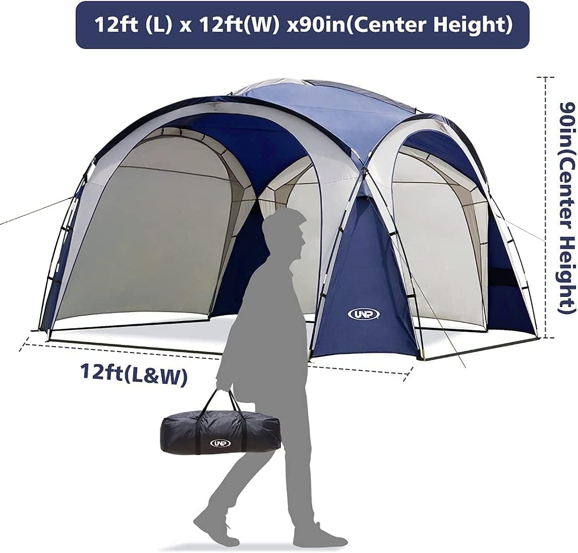 UNP Easy Beach Tent 12 X 12ft Pop Up Canopy UPF50+ Tent with Side Wall, Ground Pegs, and Stability Poles, Sun Shelter Rainproof, Waterproof for Camping Trips, Backyard Fun, Party Or Picnics(Blue)