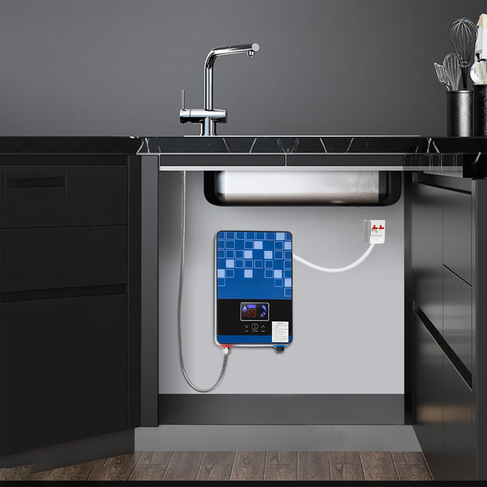 6500W Elektrisch Durchlauferhitzer, 220V Elektrisch Tankless Durchlauferhitzer Warmwasser Dusche mit LCD-Digitalanzeige konstanter Temperaturregelung und Übertemperaturschutz (Blau)
